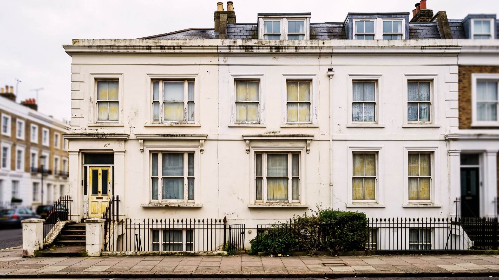 Before UPVC window spraying London – faded, yellowed white windows on Victorian terrace