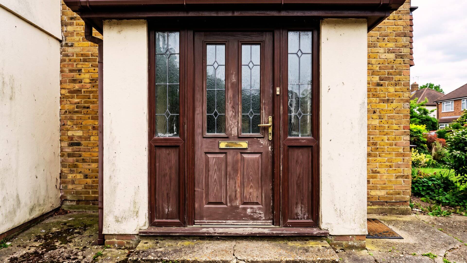 Before UPVC door spraying London – faded brown composite door with woodgrain effect