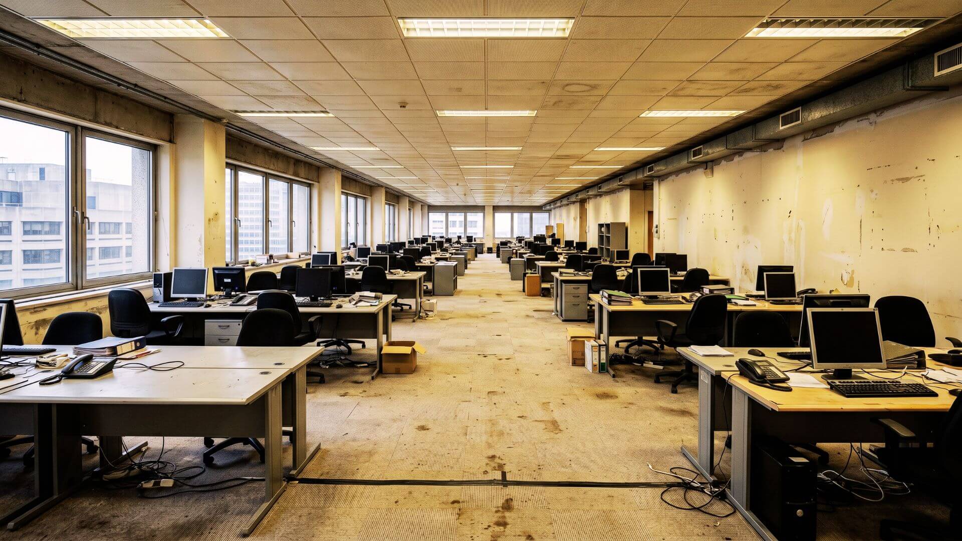 Before commercial office spray painting London – dated magnolia walls with roller marks