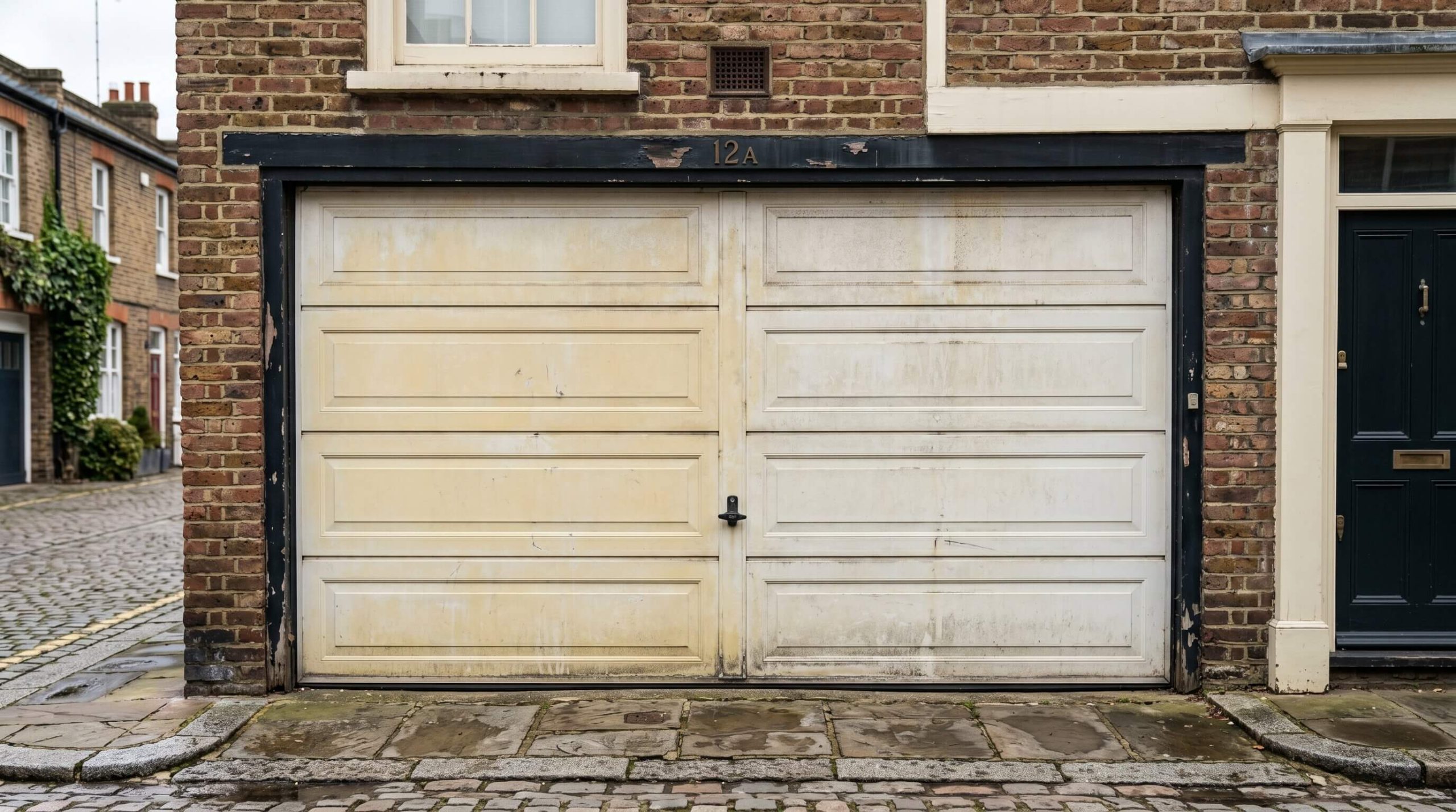 Before garage door painting London – faded white UPVC garage door on mews house