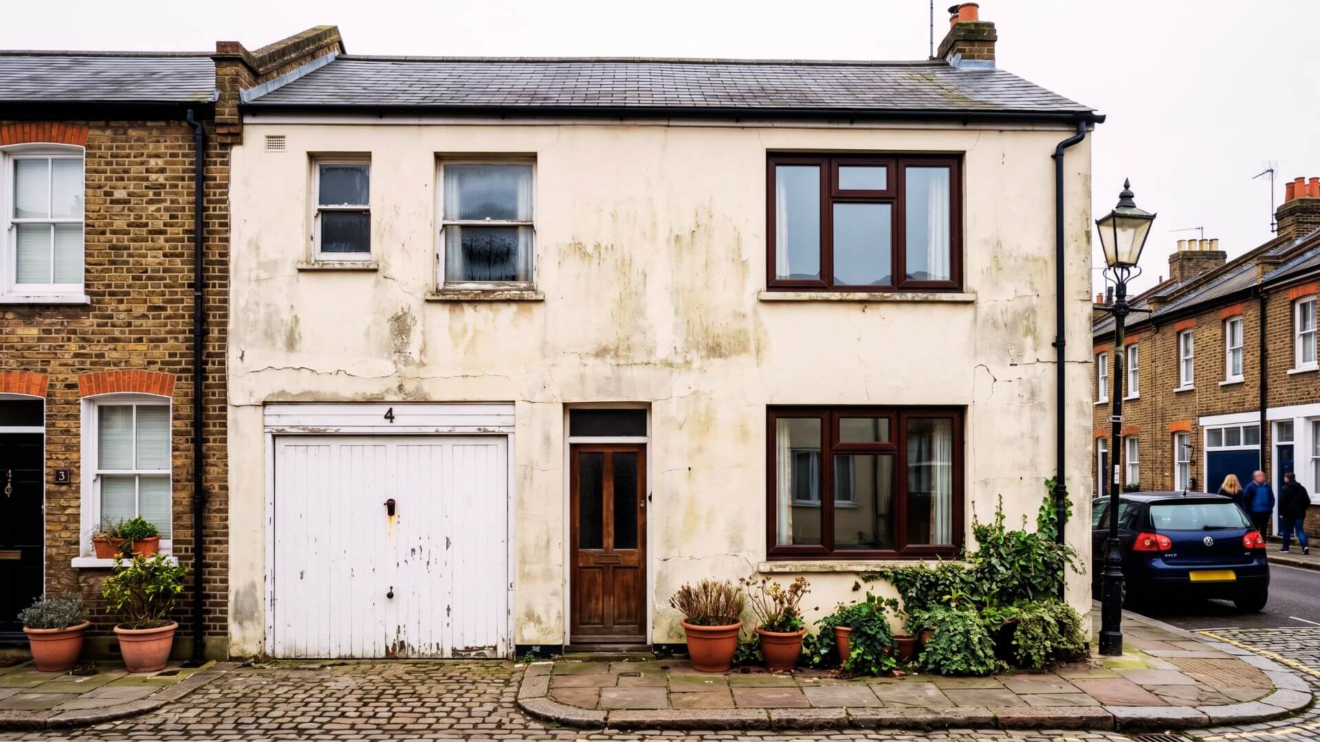 Before exterior house spraying London – faded cream render with patchy discoloured finish