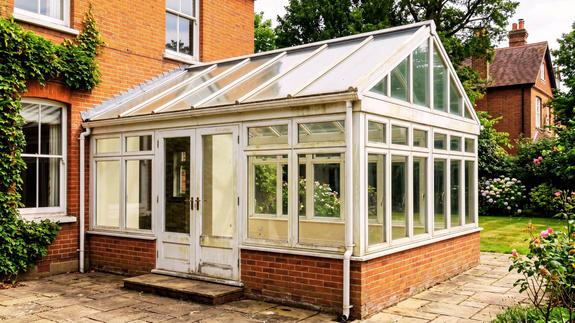 Before conservatory spraying London – faded, yellowed white UPVC conservatory frames
