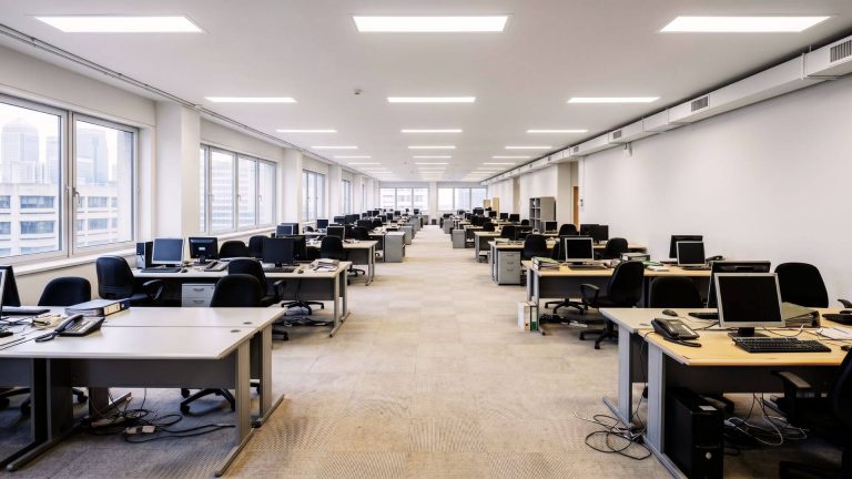 After commercial office spray painting London – walls sprayed in RAL 9002 grey-white matt finish