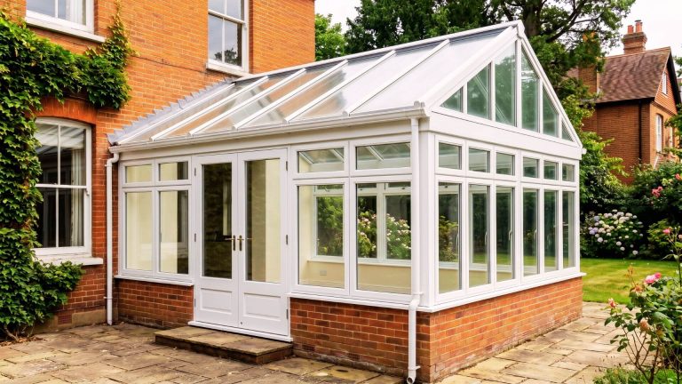 After conservatory spraying London – UPVC frames freshly sprayed in pure white satin finish