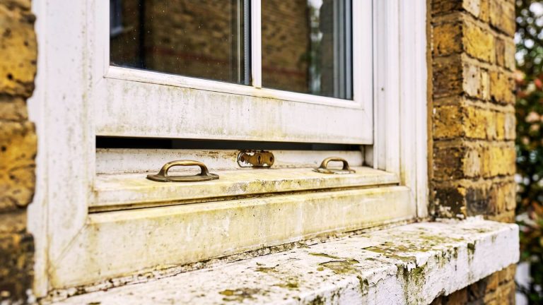 Before sash window spray painting London – faded white sash with chalky oxidation
