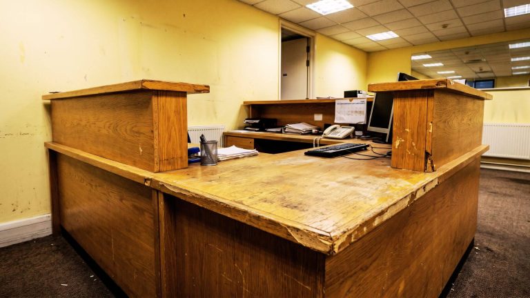 Before reception desk commercial spray painting London – scratched oak veneer finish