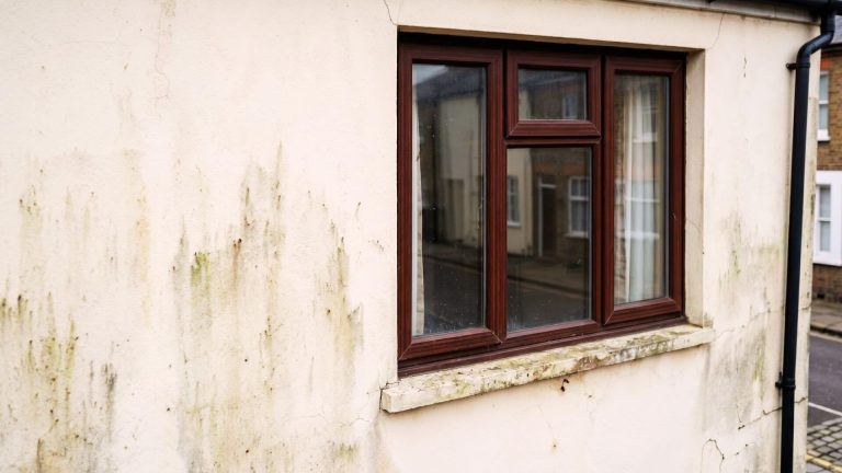 Before exterior spray painting London – faded render and brown UPVC windows