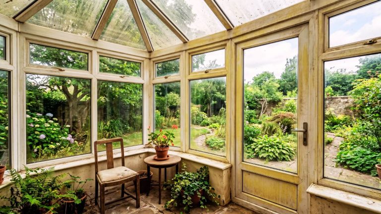 Before UPVC conservatory spray painting London – faded frames with yellowing