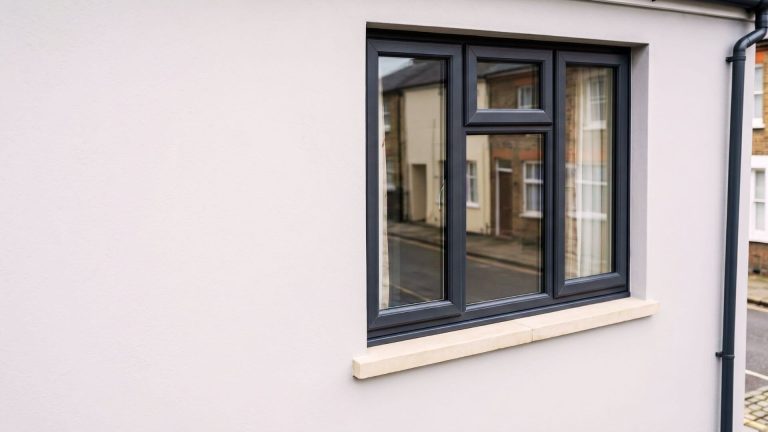 After exterior render spray painting London – flawless grey-white finish on render