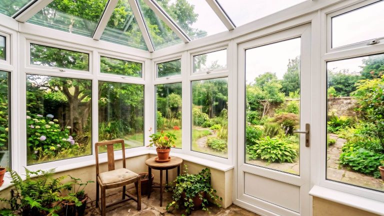 After UPVC conservatory spray painting London – flawless pure white finish on frames