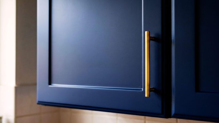 After kitchen cabinet respray London – flawless navy blue matt finish with brass handle