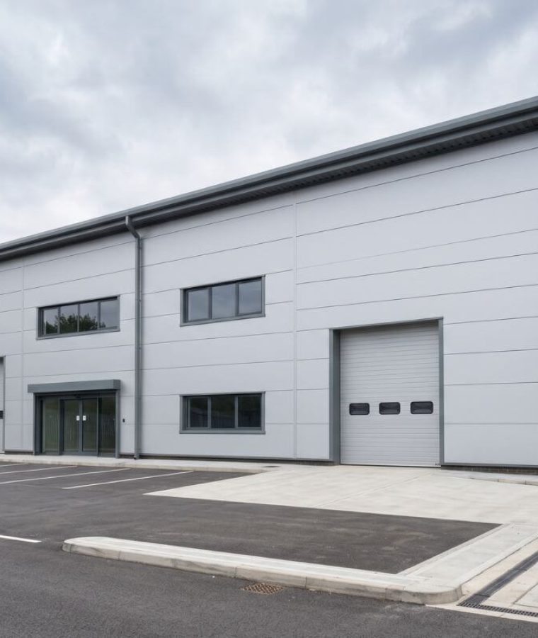 Professional cladding spraying London – commercial building metal cladding in grey-white finish