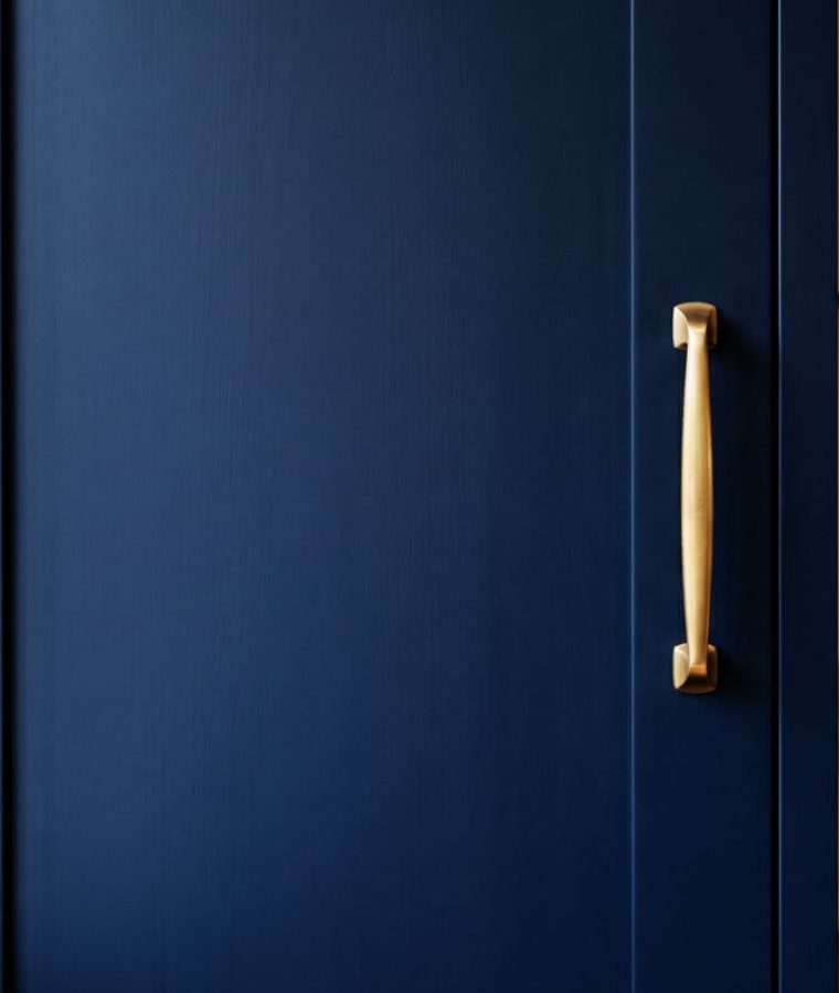 Kitchen cabinet respray London – close-up of navy blue matt finish with brass handle