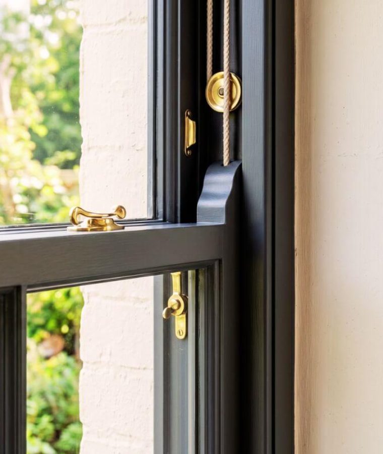 Timber sash window spray painting London – flawless anthracite grey satin finish detail