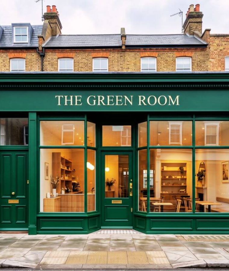 Professional commercial spray painting London – boutique shop front sprayed in heritage green satin finish